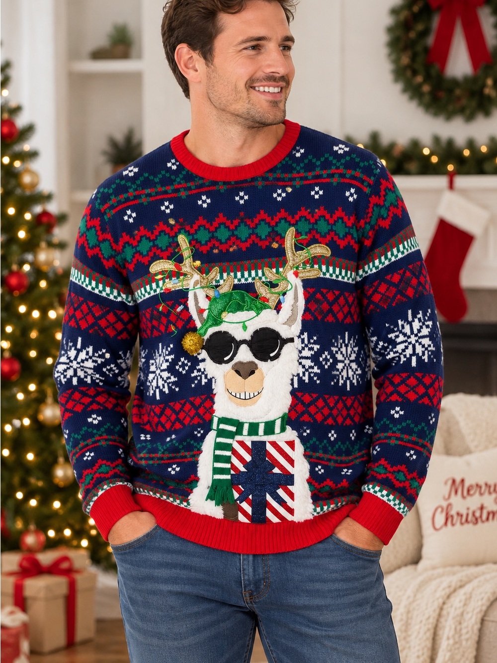 Holiday Time Men’s XL Ugly Christmas Sweater 3D Llama Reindeer